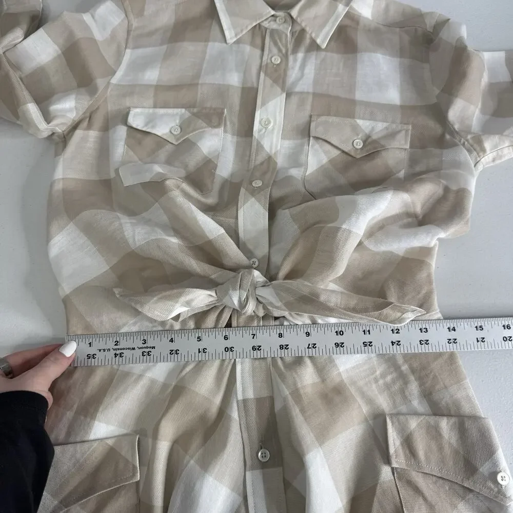 Sara Roka Drake Belted Dress‎ Womens 40 Beige Linen Gingham Shirt Midi Cottage